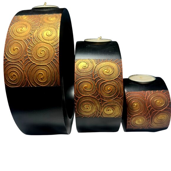 Wooden Nesting Tealight Candle Holders Black Copper Bronze Boho Rustic Decor Set - Picture 2 of 5